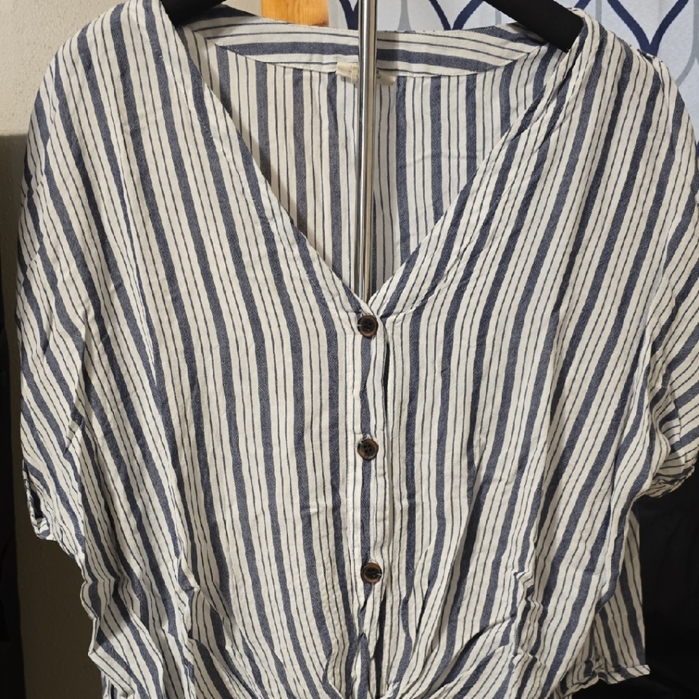 a.n.a Blue and White Striped Button-Front Blouse